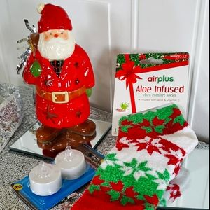 Ceramic Santa Tea Light and Aloe Infused Socks Size 5-11